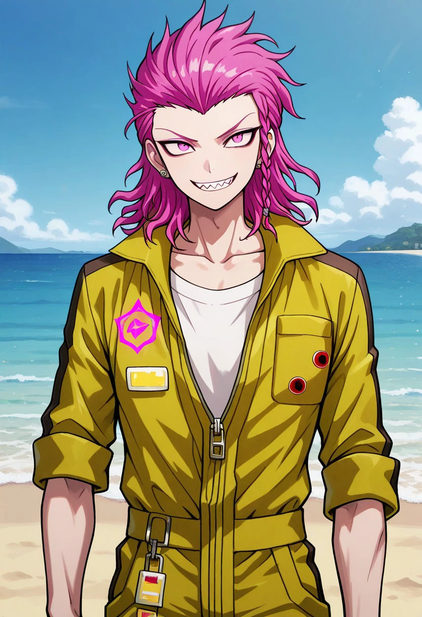 masterpiece, best quality, 
weslie, 1boy, male focus, solo, pink eyes, pink hair, medium hair, braid, side braid, bangs, jewelry, earrings, collarbone, jumpsuit, yellow jumpsuit, shirt, white shirt, sleeves rolled up, smile, sharp teeth, 
outdoor, sky, beach,