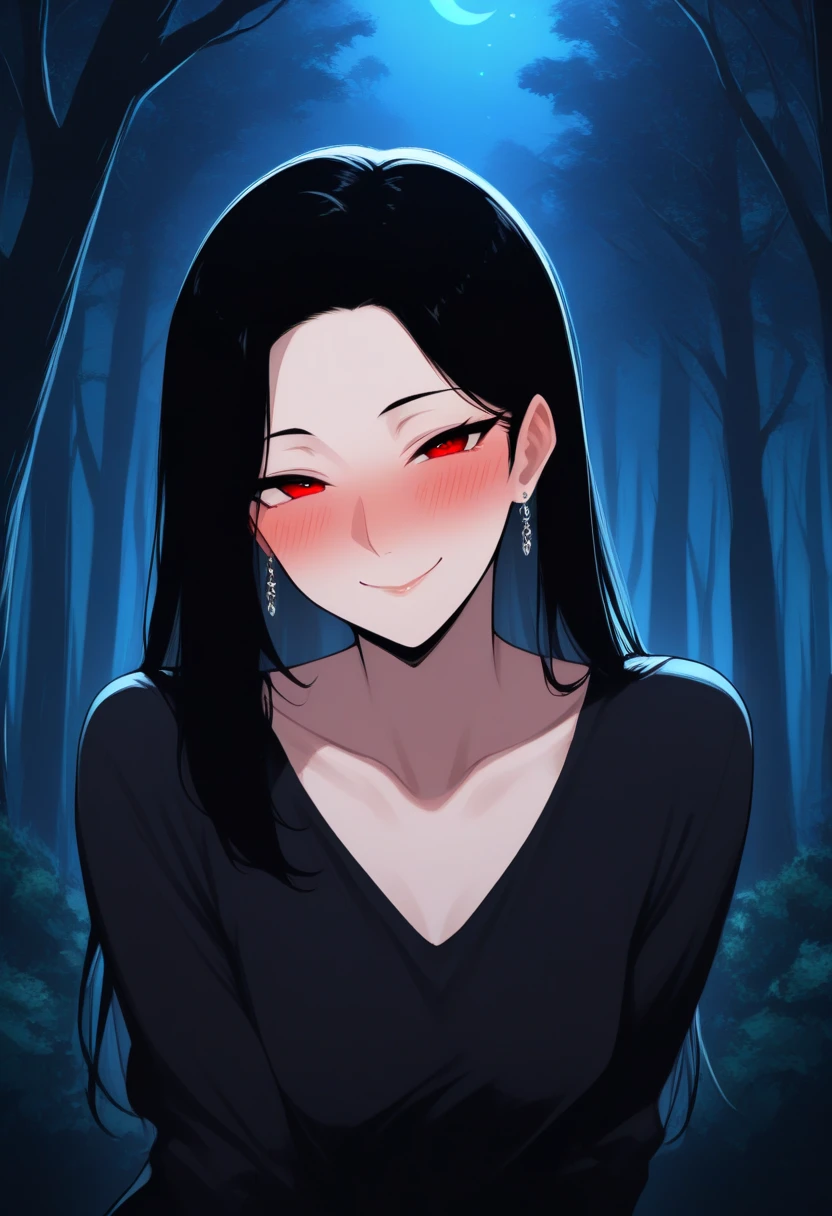 1girl, adult woman, long black hair, red eyes, jewelry, looking at viewer, seductive smile, night, blush, small breasts, upper body, forest, closed mouth, nature, outdoors, black shirt, collarbone, bangs, tree
<lora:NoctFlatStyleILV0.6-Contrast:1>, masterpiece, best quality, absurdres, newest, very aesthetic