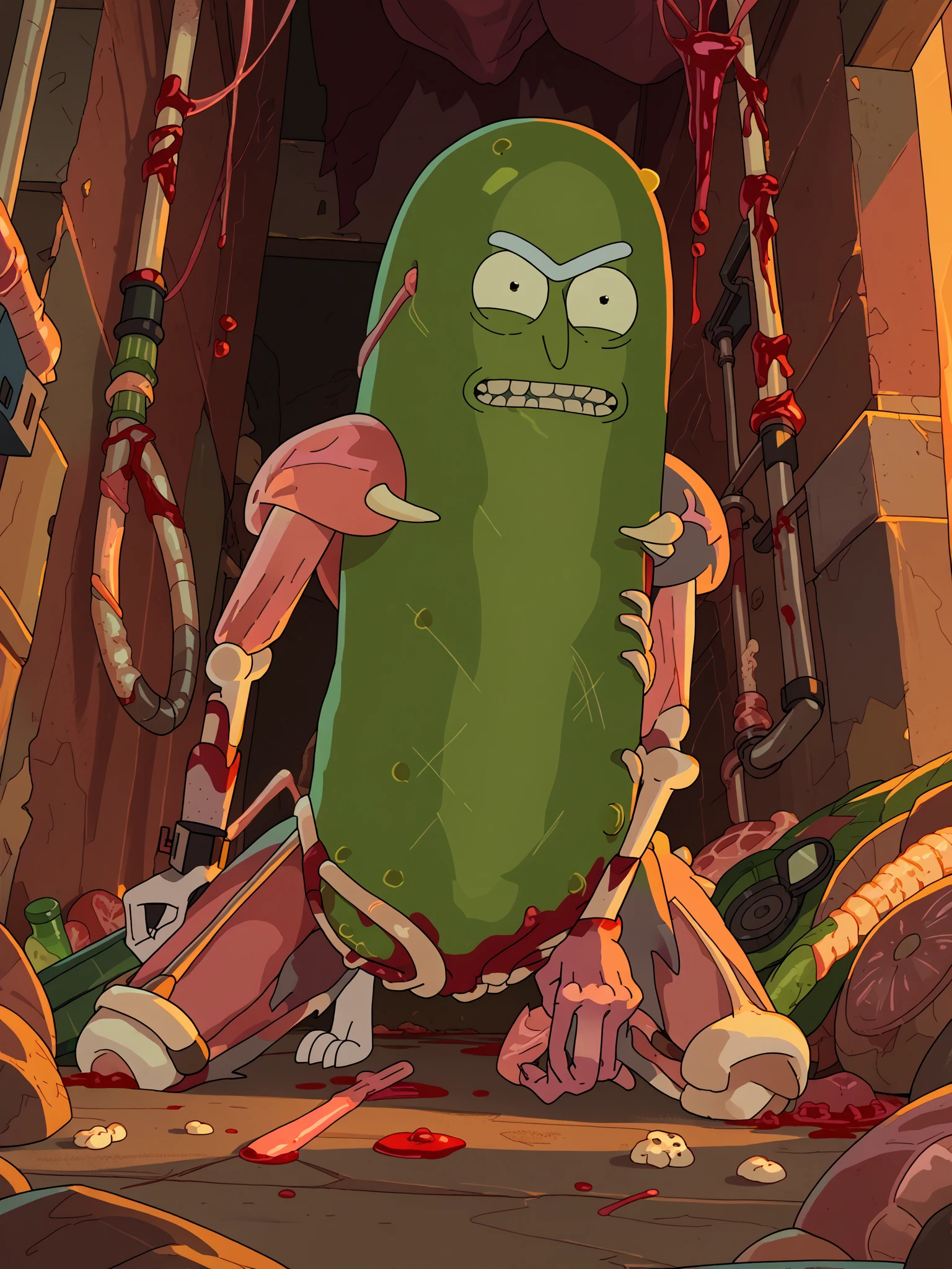 score_9, score_8_up, score_7_up, score_6_up, sewer,
 <lora:Pickle_Rick_-_Rick_and_Morty:1> picklerick, 1boy, anthro, pickle, unibrow, teeth, mecha pilot suit, bone, meat, blood