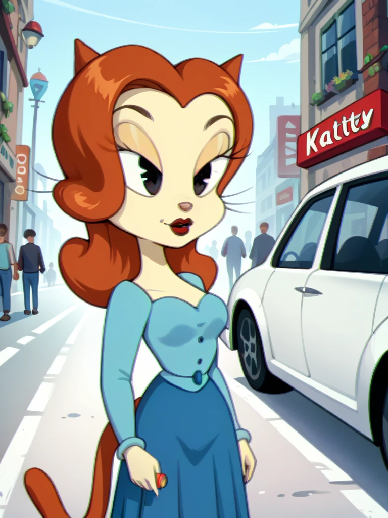 score_9, score_8_up, score_7_up, score_6_up, score_5_up, score_4_up, 1girl, (Candy_Kitty, tail, black eyes, red lips, animal nose), long sleeves, blue skirt, city street, car, crowd, retro artstyle, detailed eyes, detailed face, detailed background, <lora:felixgirls-v1:1>