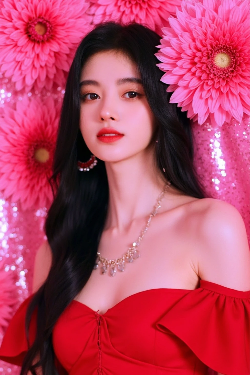 The image showcases a young woman with long wavy hair wearing necklace and earrings with pale skin and makeup. She is positioned against a shiny pink background, which is filled with large dahlia flowers. The flowers dominate the composition, adding a dramatic and intense contrast to her skin tone and overall appearance.
The woman is dressed in red gown, which drapes softly over her shoulders, leaving her upper back and one shoulder exposed. Her expression is calm and slightly mysterious, with her gaze directed slightly to the side, away from the camera. The large flowers, some of which overlap with her figure, create a dreamy and surreal atmosphere, as if she is blending into or emerging from the floral background., <lora:flux_realism_lora:1>, <lora:makinaflux_jujingyi_v1.0:1>