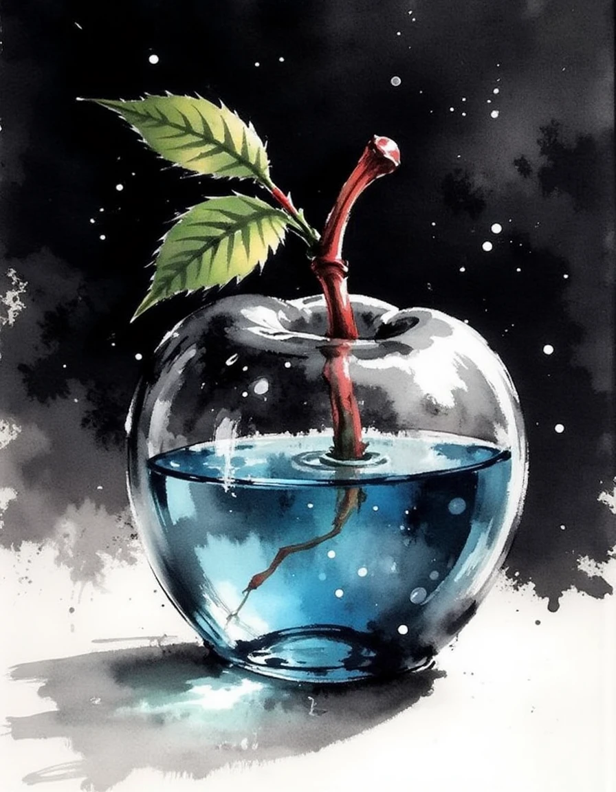 ink and brushstroke dismrt style, A clear, glass apple-shaped container filled with sparkling blue water, showcasing ripples and bubbles created by a splash. Atop the container, a vibrant, fresh green leaf is attached to a slender red stem, creating a contrast with the transparent glass. The background is a smooth, dark gradient, enhancing the clarity and reflections of the glass apple. The scene is well-lit, emphasizing the water's movement and the shine of the glass, with a focus on the intricate details of the leaf and stem. The composition is centered, allowing the viewer to appreciate the playful interaction between the water and the glass., <lora:mystic-sumi_v40:1>