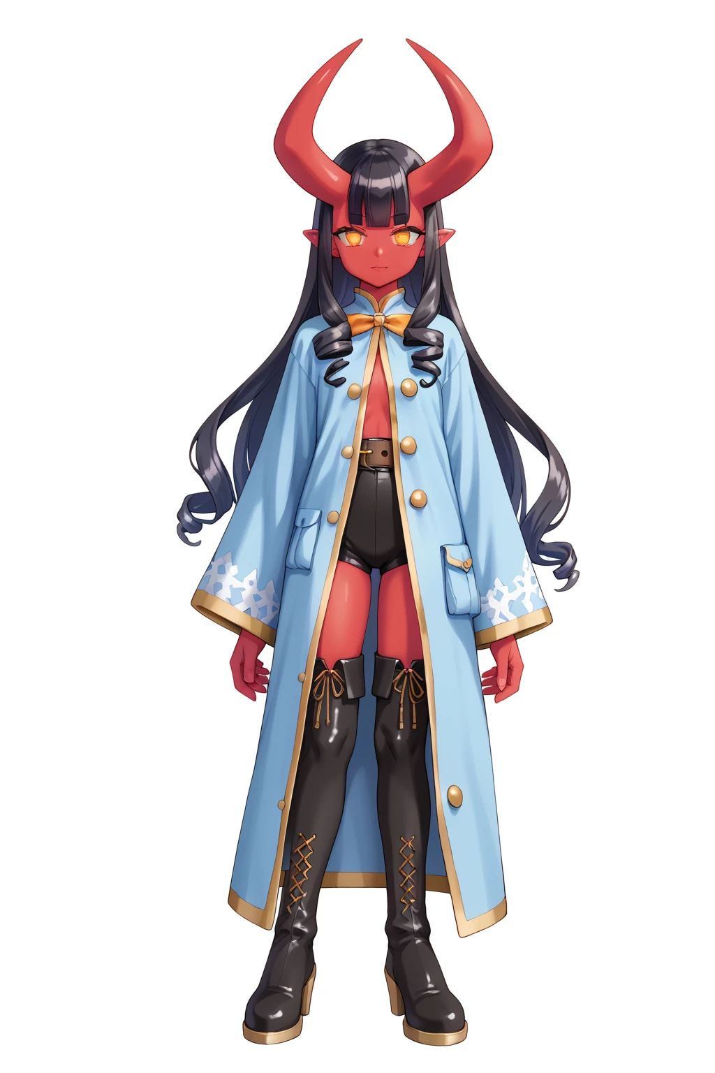 full-body medieval fantasy character of a female Tiefling woman with striking (red skin) and distinct, demonic features,

simple background, white background,


colored skin, oni,   

long hair, bangs, black hair, glowing orange eyes, blunt bangs, rose, drill hair,and two prominent, curved horns protruding from her forehead, 

The character is a wizard or sorcerer, 
They are dressed in a flowing, deep blue robe with intricate details such as gold buttons, on the black shirt dress,
and a large, floppy brown wizard's hat, 
The robe is adorned with a prominent purple gemstone on the chest, suggesting magical power, also thigh boots on hightights,
adding to the mystique and anonymity, 
A small, leather pouch is attached to the character's belt, and a few books and scrolls are tucked into the belt and robe pockets, indicating a scholarly or magical nature, 
