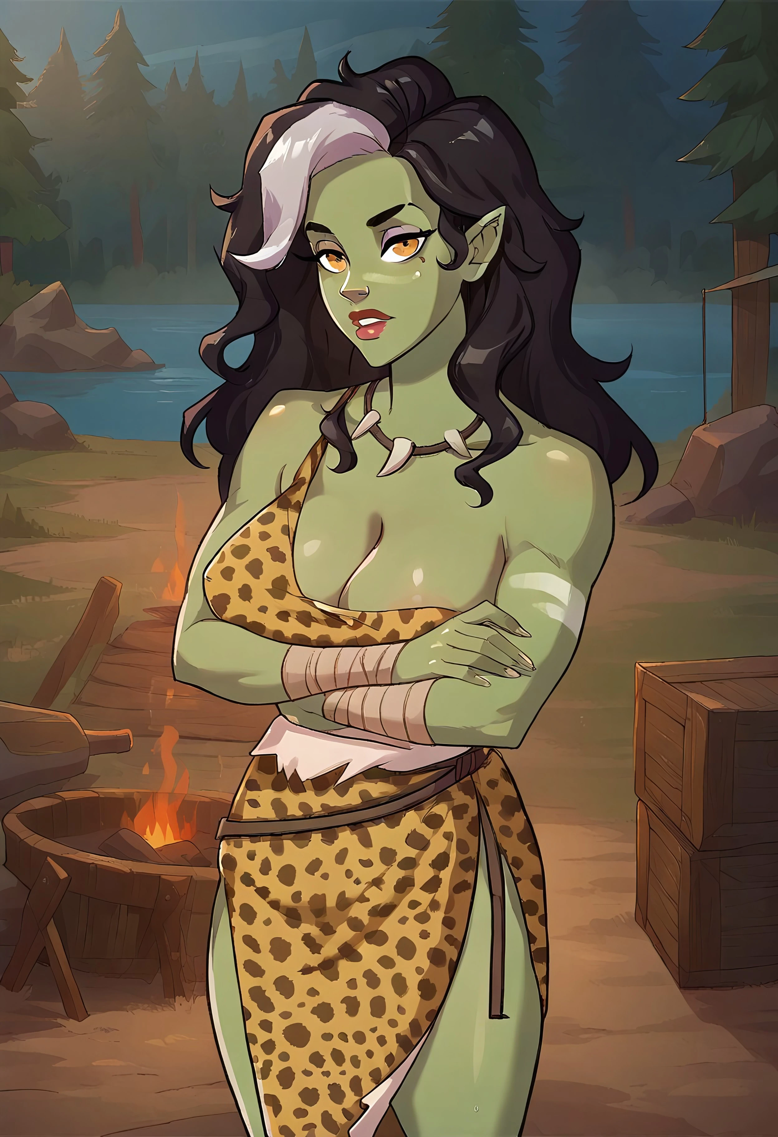 safe_pos, Score_9_up, score_8_up, score_7_up, score_6_up, BREAK, Expressiveh, dynamic angle, high quality, 1girl, solo, pogsl, green skin, black hair, white hair streaks, pointy ears, wrist wraps, tooth necklace, leopard print top, cleavage, big perky breasts, muscular, leopard print loincloth, belt, arms crossed, forest, tent, camp, trees, campfire, river, looking at viewer
