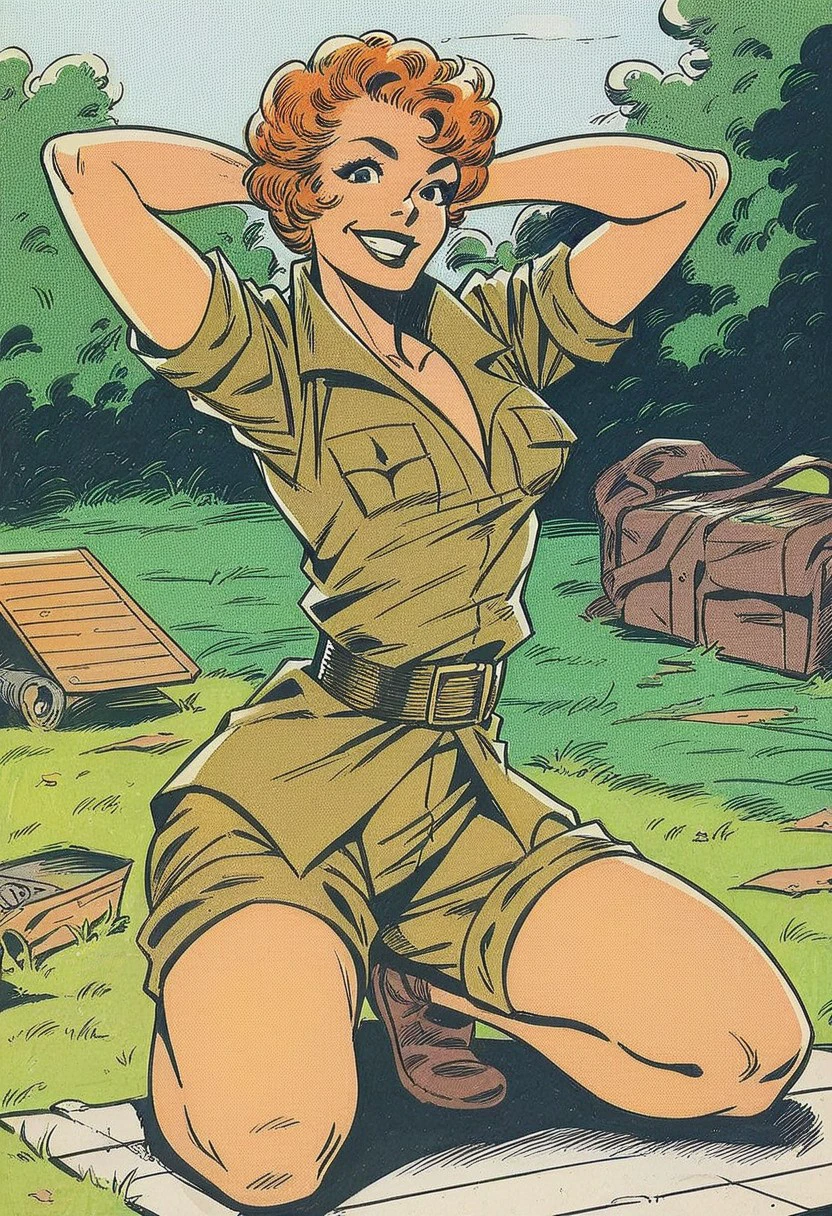 score_9_up, score_8_up, score_7_up, score_6_up, 1girl, solo, short orange hair, military uniform, belt, brown shorts, brown footwear, kneeling, outdoors, in an army camp, hands behind head, sexy pose, sweet smile, looking at viewer, (traditional media), (painted art)