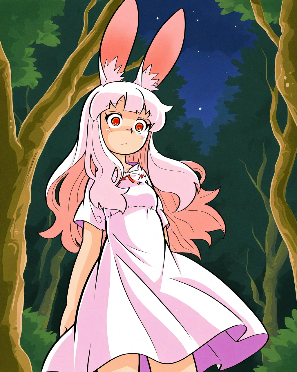 masterpiece, best quality, hoshinofuuta, 1girl, solo, mrgrl, rabbit ears, white hair, white dress, expressionless, wide-eyed, standing, cowbow shot, forest, night 