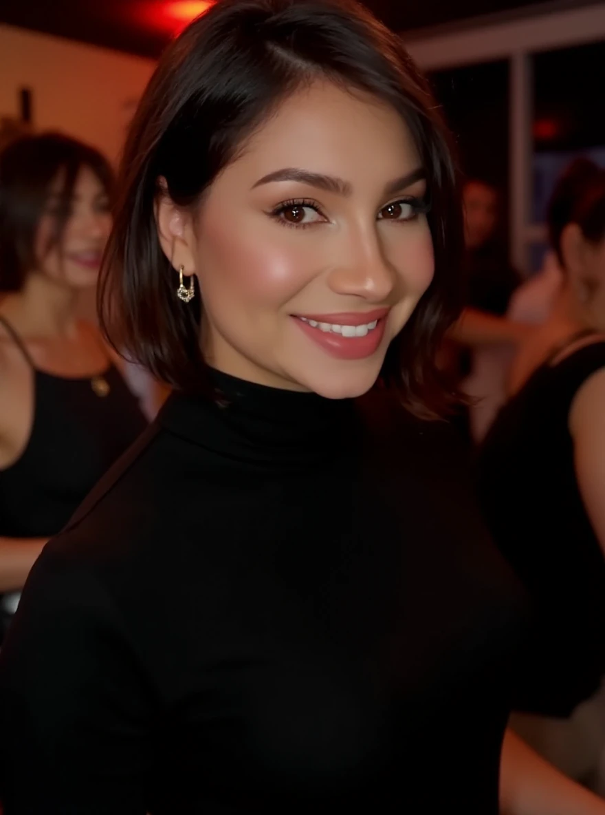 Portrait photo of al3j4st0rm woman, black turtleneck blouse, in a night club, makeup, smile

