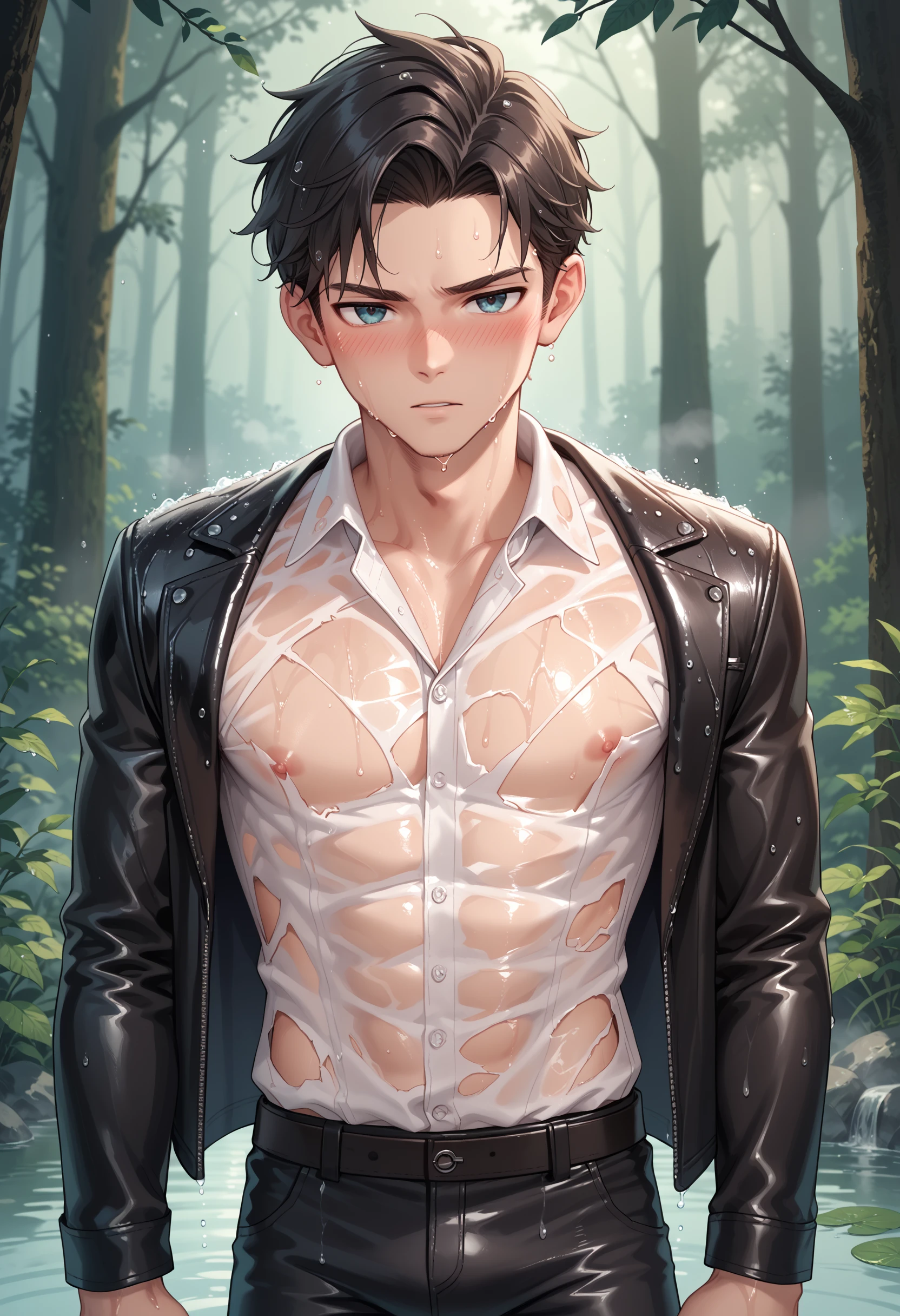 PonyXLV6_Scores 1boy, male focus, leather jacket, dress shirt, blush, pants, wet, in a dark forest, rabid, torn clothes, wet,âââ