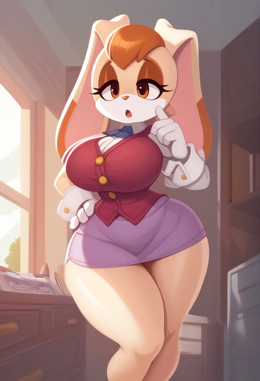 score_9, score_8_up, score_7_up, (best quality:1.1), ultra-detailed, high resolution, 8k, female, big ass, Vanilla the Rabbit, furry, peach fur, orange tuft of hair, hazel eyes, brown eyeshadow, brown nose, floppy rabbit ears, maroon vest, golden buttons, lavender dress, lavender skirt, white gloves, milf, sexy, cute, house, laptop, drawers, solo, ((huge breasts, voluptuous, thick thighs, curvy, busty, high quality, masterpiece, wide hips)), (((dutch angle, sexy tease, sexy pose, stylish pose))) BREAK outside, Rich, Detailed background, ambient light