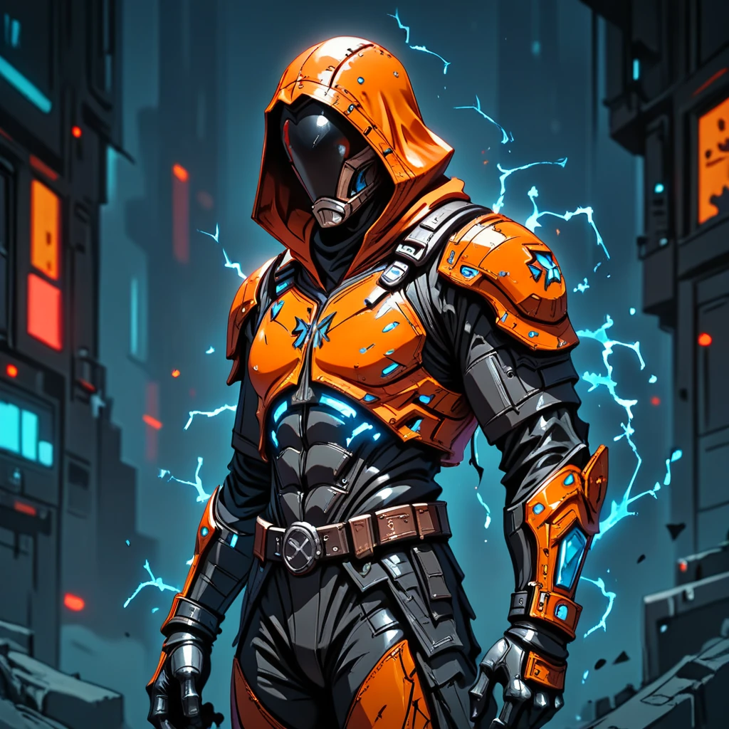 score_9, score_8_up, score_7_up, oren-bot-mmxxiv, A CGI rogue assassin in glowing orange armor, contrasted with electric blue energy lines pulsing through their suit. The complementary color scheme emphasizes their agile and menacing presence in a dimly lit, futuristic setting.