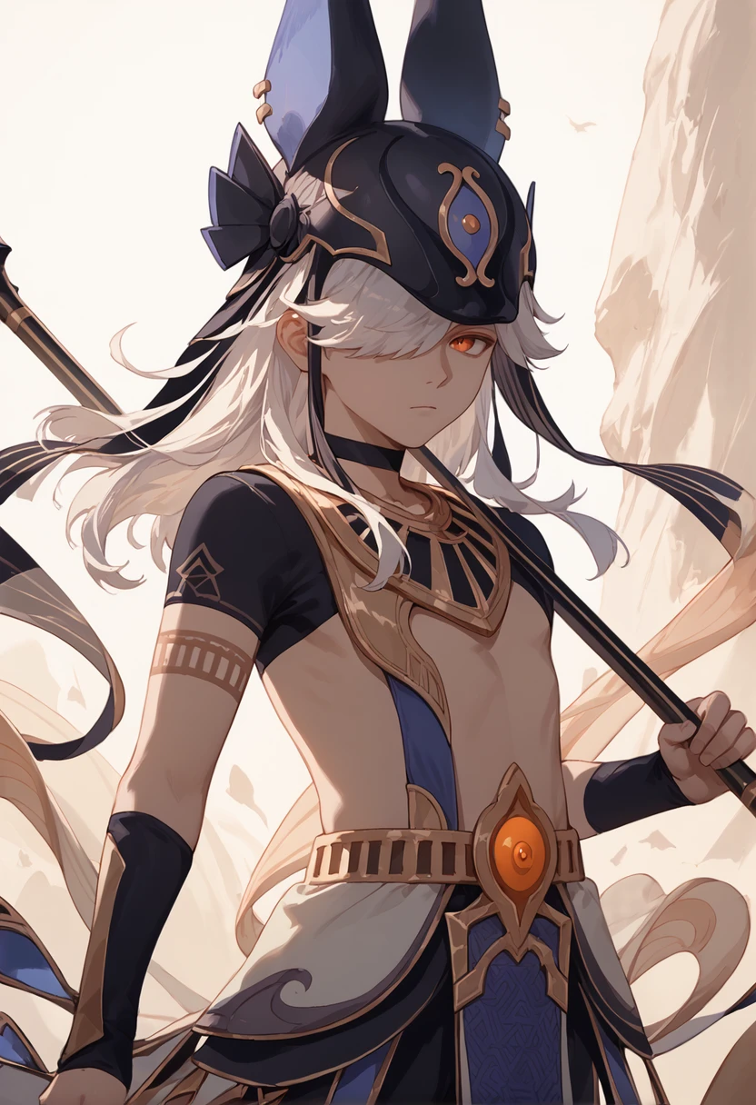 score_9, score_8_up, score_7_up, score_6_up, score_5_up, score_4_up, masterpiece, ultra-detailed, high resolution,

cyno, black choker, long hair, male focus, holding, hair over one eye, animal hat, choker, 1boy, solo focus, closed mouth, animal ears, artist name, jackal ears, hat, black headwear, bangs, short sleeves, looking at viewer, standing, holding polearm, multiple boys