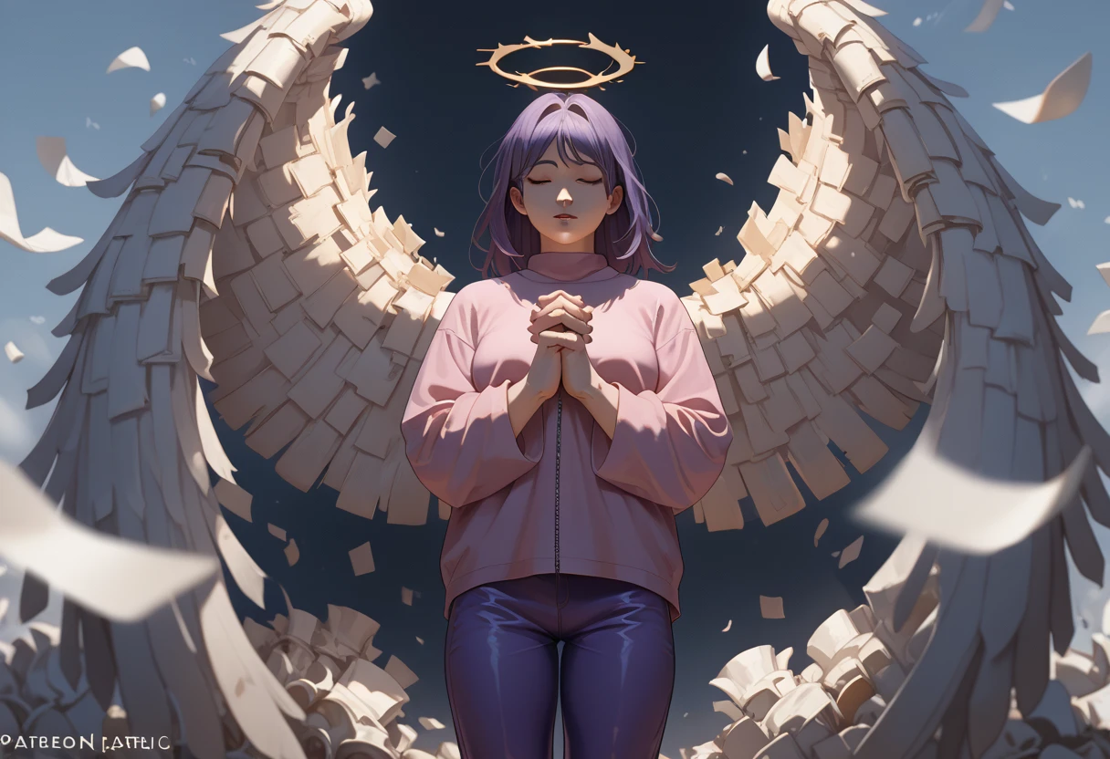 score_9, score_8_up, score_7_up, 1girl, <lora:paper_wings:0.8> paper wings, wings, floating paper, paper theme, wings_out_of_frame, halo paper, praying dark-pink shirt, purple pants, dark-purple boots,