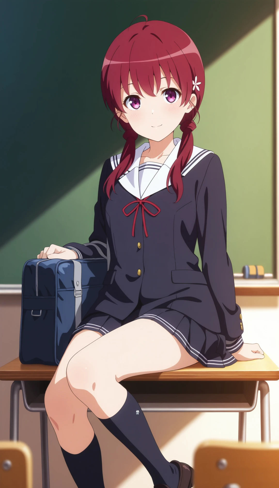 masterpiece,1girl,smile,light smile,,Izumi <lora:IL-Izumi:1> ,red hair,twintails,long hair,purple eyes,hair ornament,low twintails,school uniform,red ribbon, serafuku, kneehighs, loafers, school bag,
looking at viewer, depth of field,school classroom, school desks, chairs,chalkboard with chalk,straddling