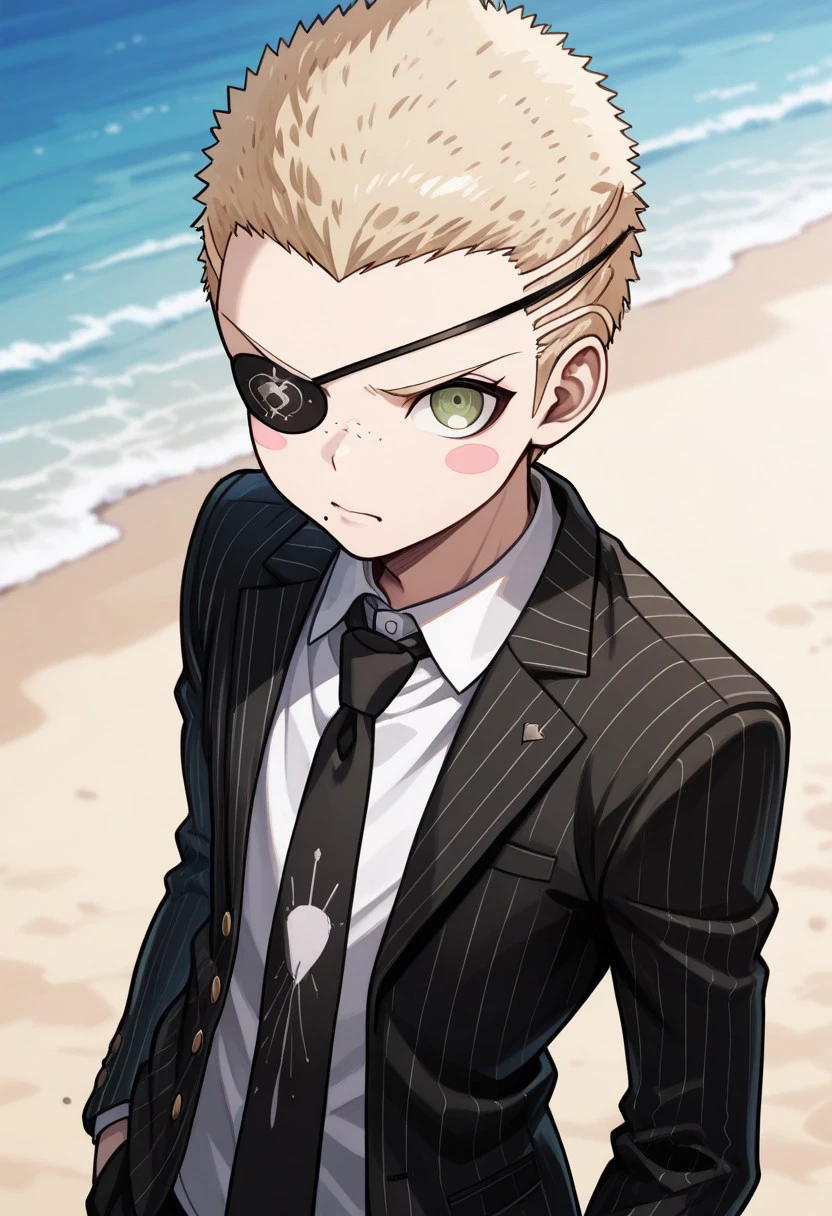 masterpiece, best quality, 
Fuyuhiko, 1boy, male focus, solo, green eyes, eyepatch, blonde hair, very short hair, blush stickers, freckles, mole, mole under mouth, formal, shirt, white shirt, collared shirt, necktie, black necktie, jacket, black jacket, open jacket, open clothes, striped jacket, stripes, vertical stripes,
outdoor, beach,