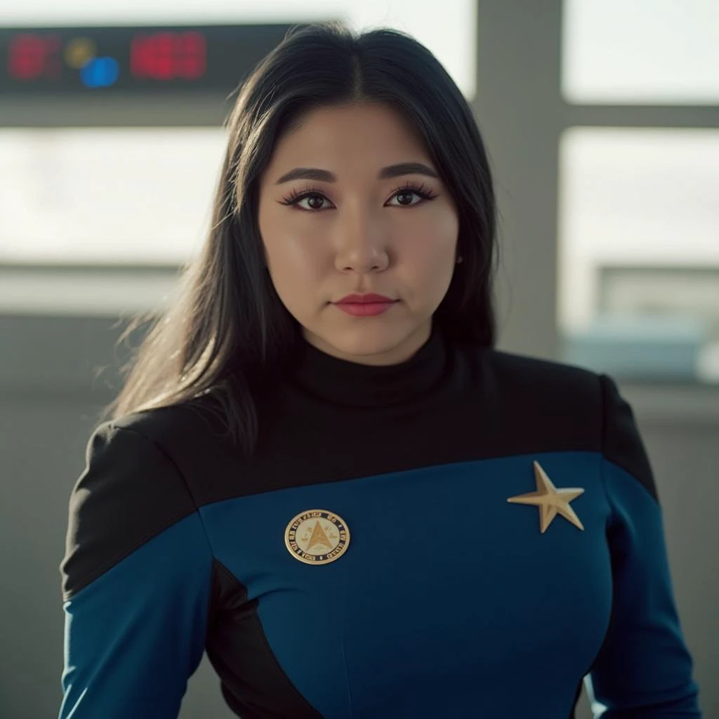 @emmi_xi_, @emmi_xi, Emmi Xi \(Person\), Photo of a woman with black hair, wearing a blue and black Starfleet uniform with a gold Star Fleet com-badge on the chest. She is standing in a well lit room. The lighting is soft and natural, casting gentle shadows on her face and body. The woman has a serious expression and is looking directly at the camera. The image has a high-quality, professional feel.