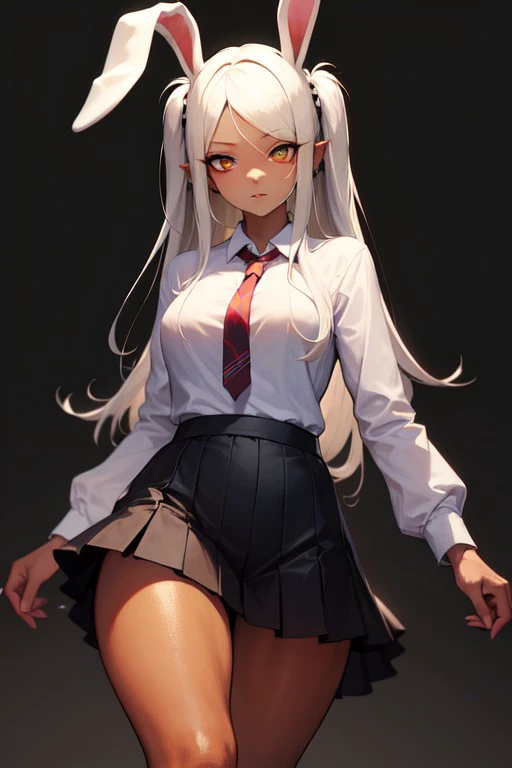 masterpiece, best quality, 32k, high resolution, absurdres, gyaru rabbit girl, 1girl, solo, white hair, thighs, looking at viewer, shirt, mirko, skirt, parted bangs, long eyelashes