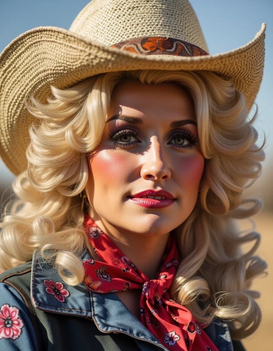 <lora:dolly-parton-flux:1> woman dressed as a cowgirl