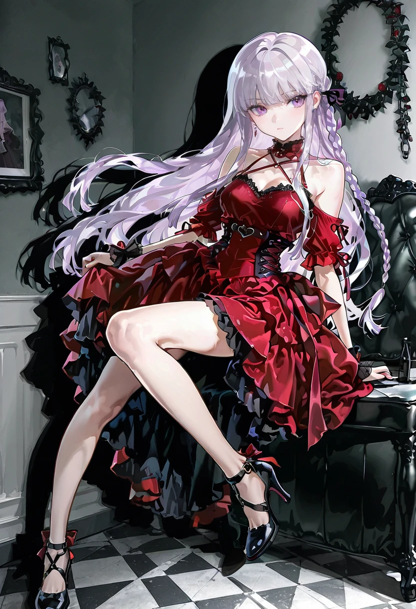 1girl,solo,looking at viewer,ikeda ruriko,red dress, bare shoulders,high heels,kirigiri_kyoko