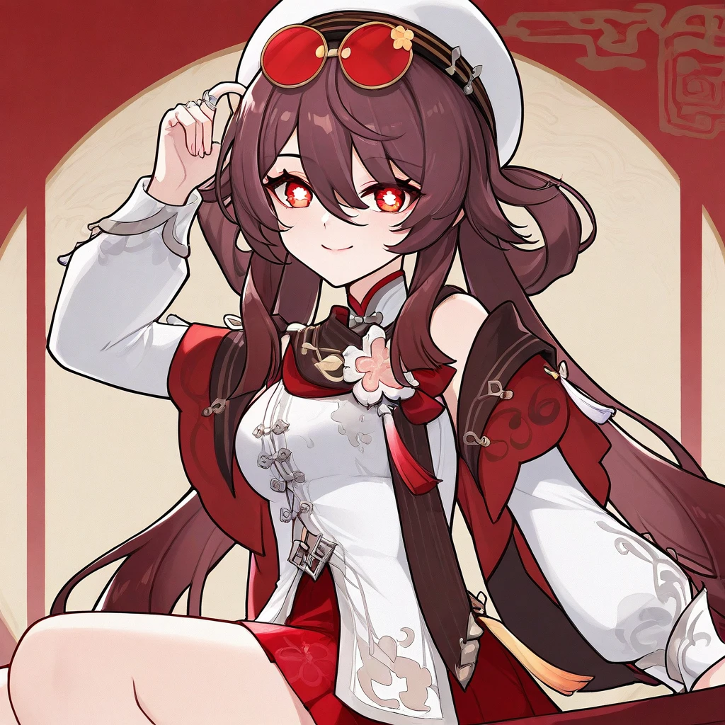 masterpiece, best quality, 1girl, solo, medium breasts, sitting, smile, looking at viewer, zzHuTaoCSL,  red eyes, brown hair, long hair, hair between eyes, twintails, sidelocks, flower-shaped pupils, official alternate costume, symbol-shaped pupils, alternate costume, sunglasses, eyewear on head, white headwear, long sleeves, chinese clothes, skirt, hat, jewelry, white shirt, flower,