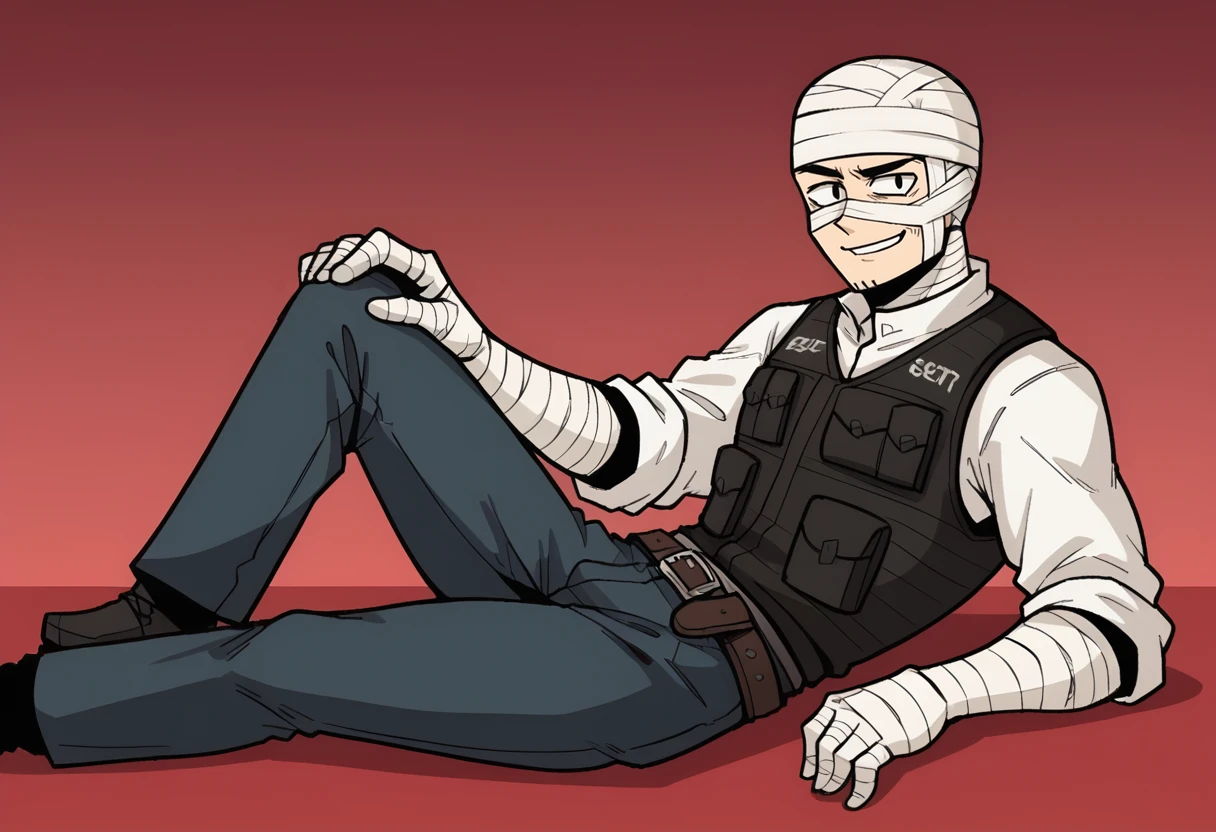 score_9, score_8_up, score_7_up, 1boy, solo, ss-J0shGrm, bandages, bandage headwrap, bandaged hands, bulletproof vest, white shirt, pants, belt,
laying, relaxed, from side, knee up, looking at viewer, elbow support, smile,
<lora:Joshua_Graham_OutfitCharacter_-_Fallout_New_Vegas:0.7>,    <lora:Tokafan_artist_style:0.9> tokafan, red background, 2D, gradient,