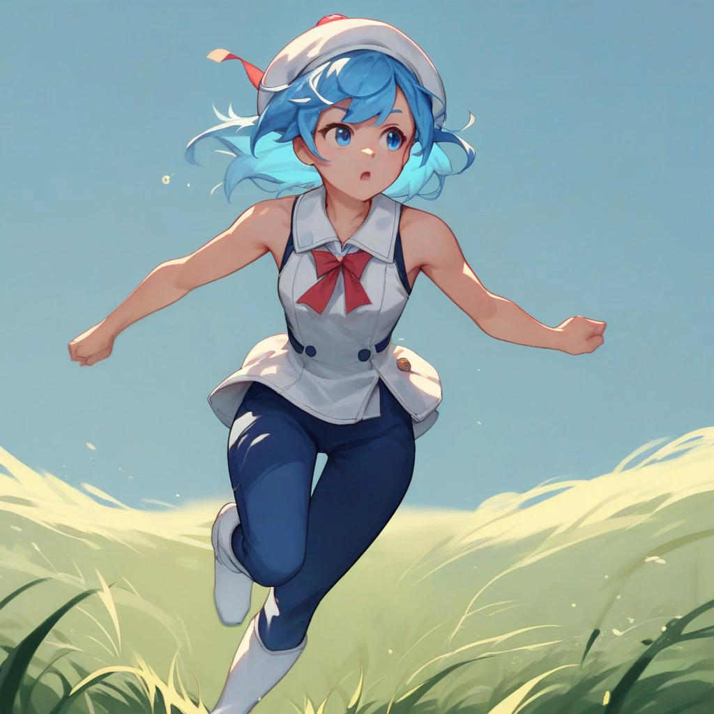 score_9, score_8_up, score_7_up, score_6_up, score_5_up, score_4_up, creamsoda, blue hair, blue eyes, white hat, uniform, sleeveless, blue pants, white boots, running, grass