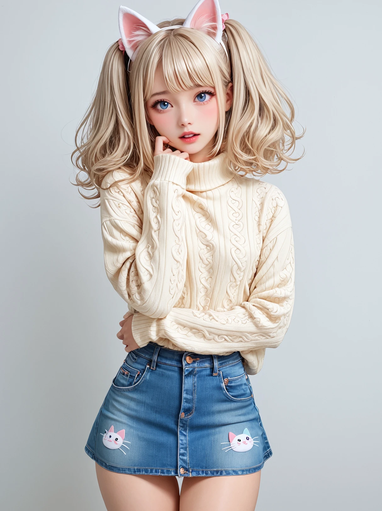 score_9, score_8_up, score_7_up, kawaii girl, egirl, ((1girl)), 21 years old, cowboy shot, head tilt, looking at viewer, shy body language, long platinum blonde hair, bangs, adorable kawaii twintails, sweater, adorable denim mini skirt, (mini skirt), simple white background, (pale white skin), wide hips, thicc thighs, big ass, bangles, cat ears, chiaroscuro,skin caustics,volumetric lighting,rim light,key light,fill light,exceptional, cut3y,(dark), <lora:cut3y_V1.1:1>, <lora:polyhedron_all_sdxl-000004:0.4> <lora:detailed_notrigger:0.6>, <lora:Expressive_H:0.294>, Expressiveh,