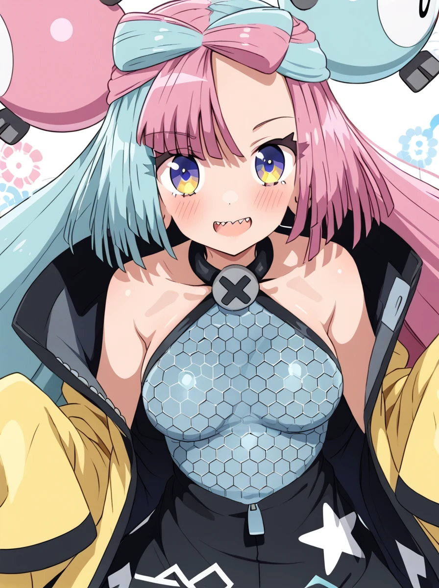 cat-girl in bondage outfit | anime | anime porn | r34, 1girl, breasts, one eye closed, solo, long hair, smile, crop top, navel, skirt, pink hair, ;d, animal ears, green eyes, thighhighs, looking at viewer, stomach, underboob, animal ear fluff, open mouth, short sleeves, black skirt, heart, large breasts, hand up, midriff, cowboy shot, very long hair, miniskirt, highleg