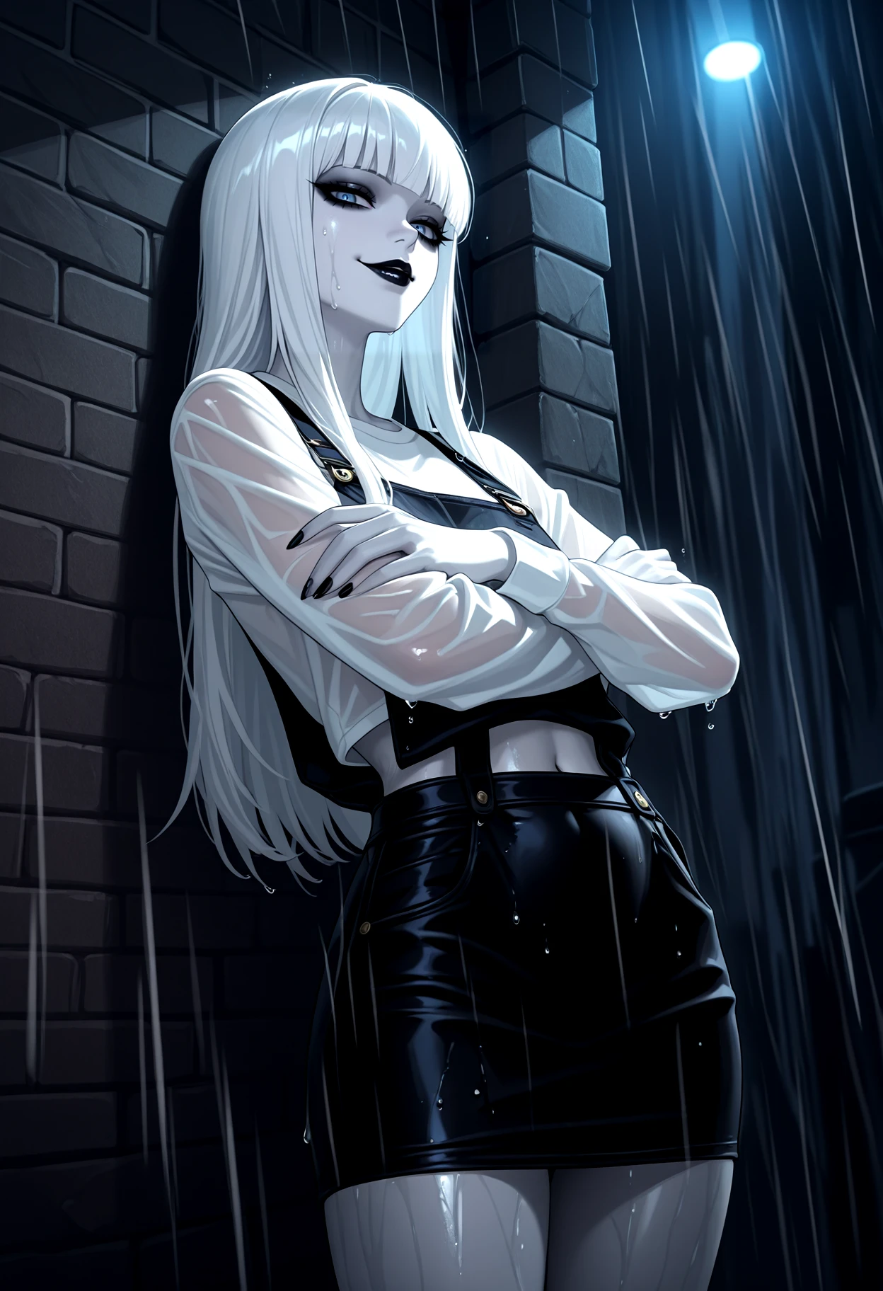 1girl, goth girl, (very pale skin, grey skin, white skin:1.4), eyeliner, eyeshadow, heavy makeup, looking at viewer, white hair, long hair, straight hair, seductive smile, black lipstick, pretty face, long hair, long sleeves, white shirt, black skirt, navel, sexy pose, wet clothes, see-through, black chocker, jewelry,public, leaning back, crossed arms, standing, brick wall, (grey bricks), dark alley, night time, , heavy-rain, rain, wet, cloudy, dark, water drop, overall blue lighting, neon glow, blue 
masterpiece, best quality, amazing quality, very aesthetic, absurdres, newest