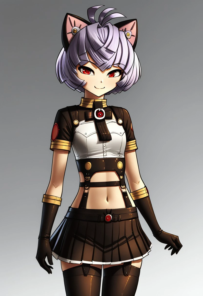 gundam meister 874, hanayo, 1girl, solo, gloves, purple hair,animal ears, thighhighs, skirt, red eyes, black gloves, short hair, navel, garter straps,garter belt, smile, black thighhighs, pleated skirt, black skirt, looking at viewer, shirt, midriff, short sleeves, cat ears, white shirt, elbow gloves, jewelry, zettai ryouiki, gradient, closed mouth, bangs, crop top,feretta style