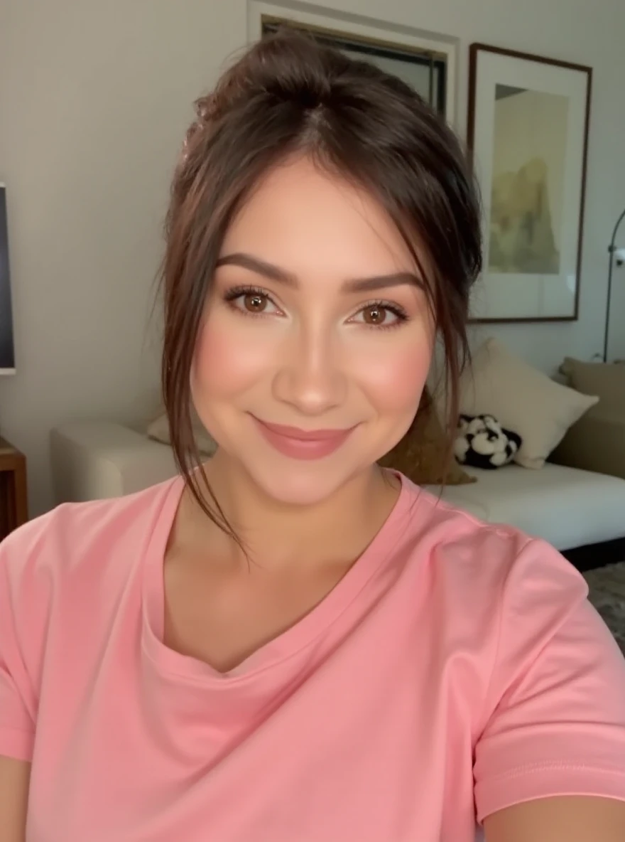 RAW photo of al3j4st0rm woman, wearing a pink tshirt, in a living room, detailed face, natural lighting, highly detailed, absurdres, smile happy

