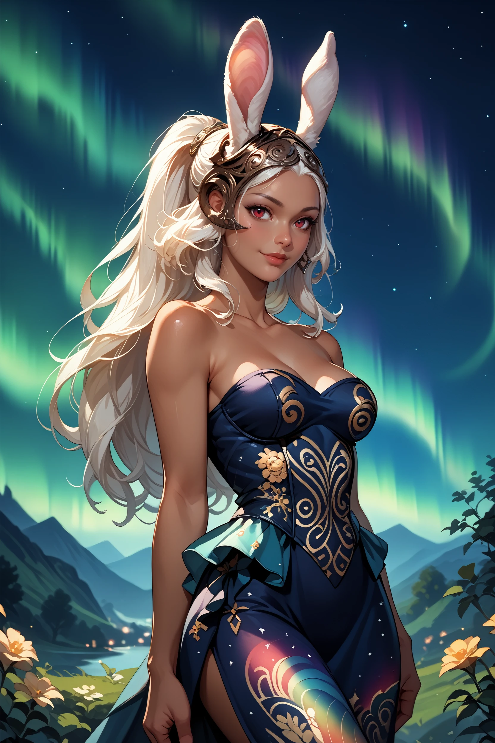 score_9, score_8_up, score_7_up, score_6_up
<lora:FFFran:0.8>
FFFran, 1girl, red eyes, rabbit ears, dark skin, white hair, long hair, ponytail, helmet, looking at viewer, glowing sky over shoulders, aurora borealis pattern dress, aurora on dress, aurora, starry sky, night, collarbone, background blur, full body, smile