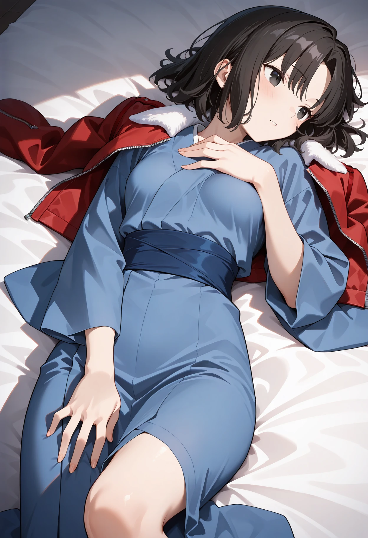 masterpiece,best quality, r_shiki, 1girl, solo, short hair, parted bangs, black hair ,black eyes, red fur-trimmed jacket,blue kimono, japanese clothes, sash, long sleeves, small breasts, lying, on back, hand own breasts, hand on own thigh,bed sheet, <lora:r_shiki2_IL-000009:0.9>