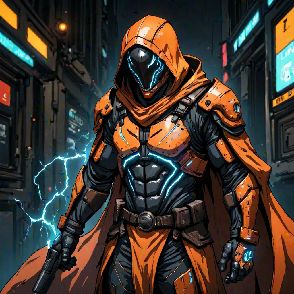 oren-bot-mmxxiv, a digital illustration in a stylized futuristic cyberpunk art style. The subject is a humanoid figure likely a soldier or mercenary dressed in high-tech orange and black armor with glowing blue accents. The armor features a hooded cloak that drapes over the figure's head with the hood pulled up obscuring the face except for the glowing blue visor that covers the eyes giving a robotic or cybernetic appearance. The visor's glow casts a bright ethereal light on the armor highlighting the intricate details and textures.