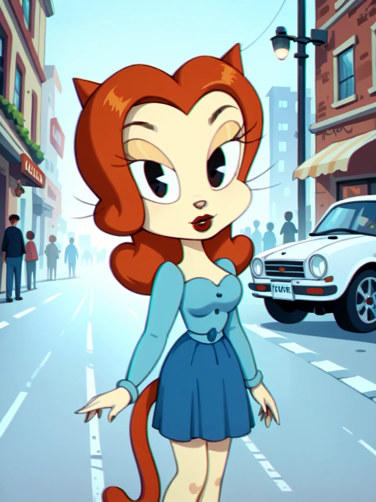 score_9, score_8_up, score_7_up, score_6_up, score_5_up, score_4_up, 1girl, (Candy_Kitty, tail, black eyes, red lips, animal nose), long sleeves, blue skirt, city street, car, crowd, retro artstyle, detailed eyes, detailed face, detailed background, <lora:felixgirls-v1:1>