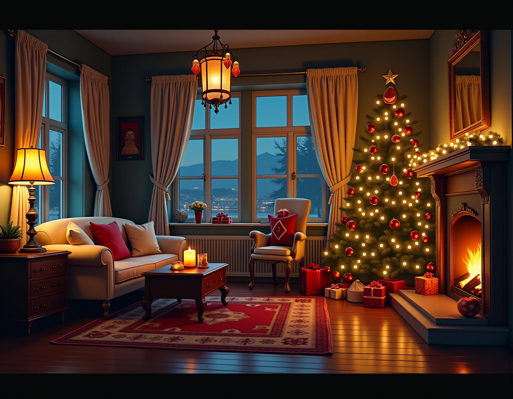 lora:JJsChristmasRoom_Flux:1>, ((christmas room)),,masterpiece, best quality, ceiling light, , indoors, lamp, no humans, pillow, scenery, sofa, vase, window, candle, christmas, christmas ornaments, christmas tree, cup, cushion, door, fire, fireplace, gift box, rug, scenery, table, tree, window, night,,  <, product photography, crisp details, clean composition, attention to detail, professional lighting, precise focus, appealing aesthetics, capturing textures, high-quality imagery, commercial appeal, creative presentation