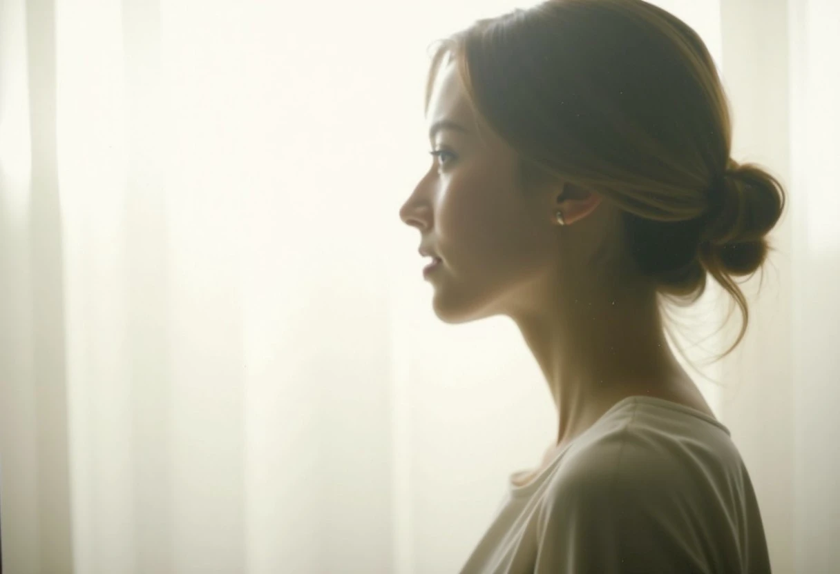 an aesthetic, minimalist depiction of a female profile in side view. The focus is on the soft contours and calm, monochromatic tones. The scene feels mystical and dreamy, almost as if viewed through a delicate mist, with gentle light accentuating the silhouette. The background is diffuse and creamy white, drawing attention to the elegant simplicity of the figure.