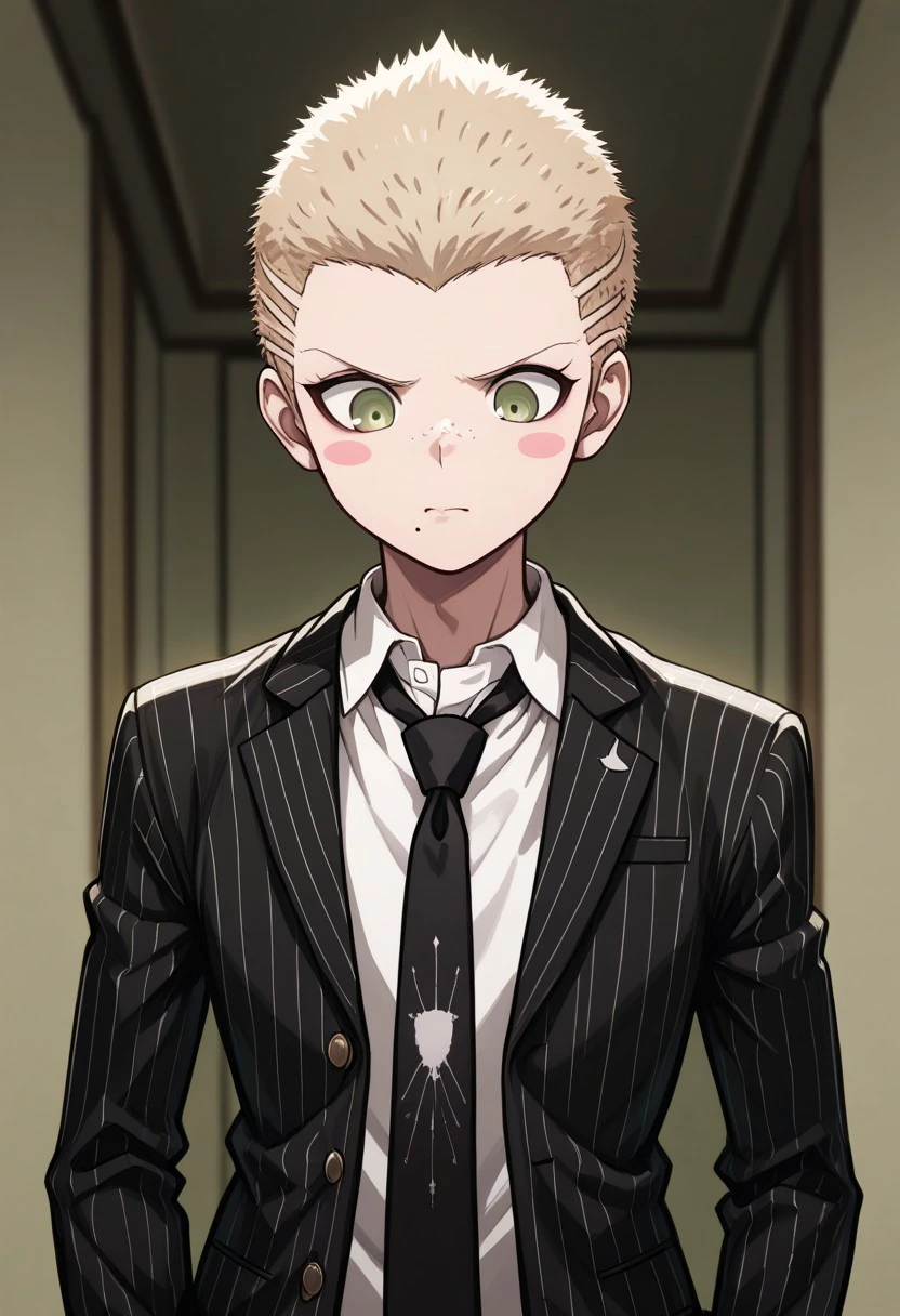 masterpiece, best quality, 
Fuyuhiko, 1boy, male focus, solo, green eyes, blonde hair, very short hair, blush stickers, freckles, mole, mole under mouth, formal, shirt, white shirt, collared shirt, necktie, black necktie, jacket, black jacket, open jacket, open clothes, striped jacket, stripes, vertical stripes, looking down, embarassed
indoor