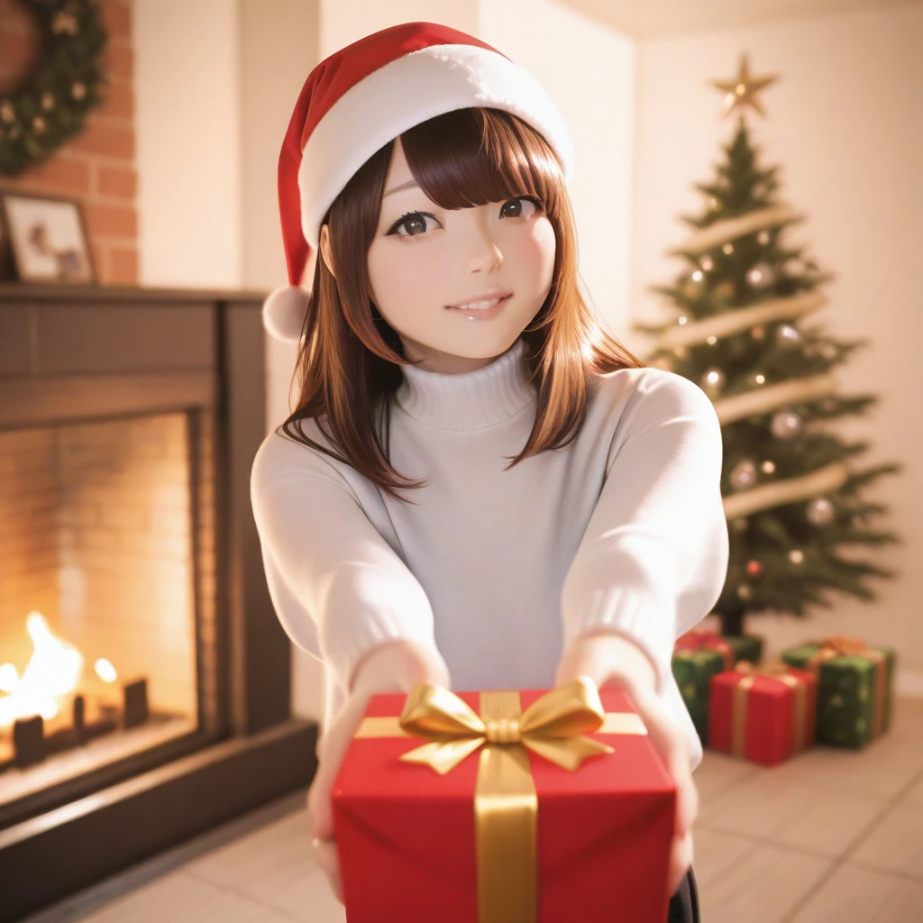 masterpiece, best quality,  <lora:Kanazawa Illust:1> kanahanazawa, long hair, santa hat, turtleneck sweater, christmas tree, outstretched arms, gift, fireplace,