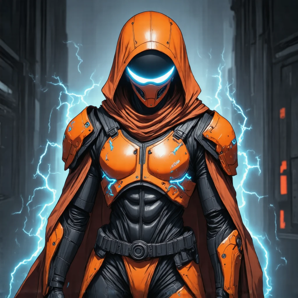 oren-bot-mmxxiv, a digital illustration in a stylized futuristic cyberpunk art style. The subject is a humanoid figure likely a soldier or mercenary dressed in high-tech orange and black armor with glowing blue accents. The armor features a hooded cloak that drapes over the figure's head with the hood pulled up obscuring the face except for the glowing blue visor that covers the eyes giving a robotic or cybernetic appearance. The visor's glow casts a bright ethereal light on the armor highlighting the intricate details and textures.