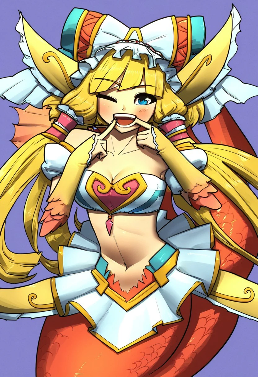 score_7, card fight vanguard, top idol flores, 1girl ,one eye closed, solo  monster girl, blue eyes, blonde hair, mermaid, long hair, navel, open mouth, smile, breasts ,medium, breasts, ;d, blush, midriff, finger to mouth, headdress, cleavage, bubble, jewelry, feretta style