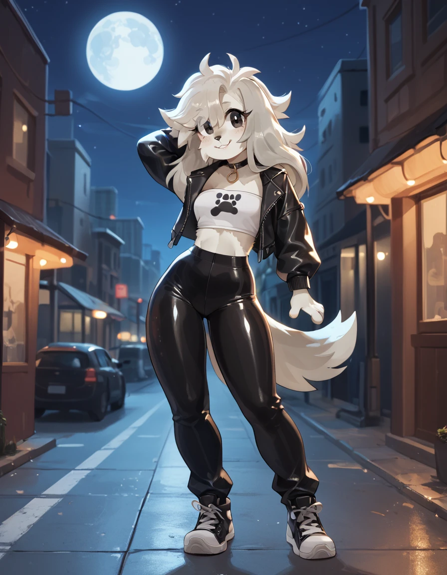 score_9,score_8_up,score_7_up,
outdoors,city,night, night sky, full moon, 
full body,smile,parted lips,long eyelashes,
shiny spandex pants,tube top, leather jacket, pose
<lora:Allie_v01_PDXL:1>,A11ie,1girl,solo,furry female,dog girl,black eyes,dog ears,dog tail,long hair,grey hair,body fur,white fur,
<lora:add-detail-xl:1>,