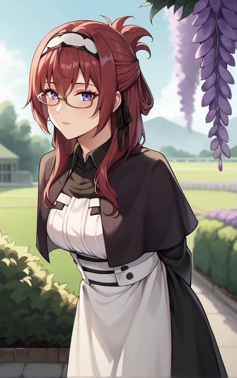 score_9, score_8_up, score_7_up, BREAK 
Capelet_LiliaGreyrat_ownwaifu, 
1girl, folded ponytail, glasses, hair between eyes, hairband, long hair, purple eyes, red hair, semi-rimless eyewear, sidelocks, under-rim eyewear, white hairband, bangs, hair ribbon, breasts,  
black capelet, fur trim,  black dress, capelet, collared shirt, juliet sleeves, long dress, maid, white apron, black ribbon, long sleeves,
(leaning forward, arms behind back), cowboy shot, garden, wisteria, outdoors, <lora:PONYXL_MushokuTensei_LiliaGreyrat_ownwaifu:0.85> , depth of field, solo,