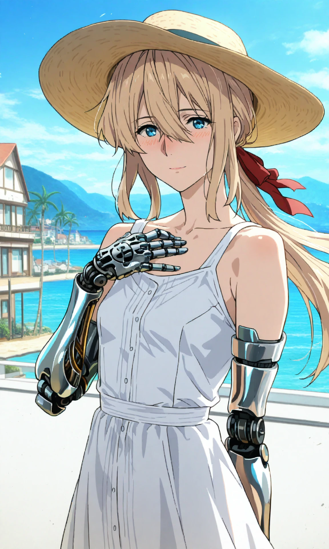 violetmv, 1girl, solo, blue eyes, mechanical hands, (mechanical arms:0.7), (mature female:1.3), (skinny:0.2), small breasts, bare shoulders

blonde hair, hair ribbon, red ribbon, ponytail, long hair, hair between eyes

sundress, sun hat, wind

street, palm tree, sea, summer, building, sky, sunny, looking at viewer, light smile, (blush:1.1), happy, hand on own chest, cowboy shot, povm mountainous horizon

masterpiece, best quality, amazing quality, very awa, very aesthetic, absurdres, highres, newest