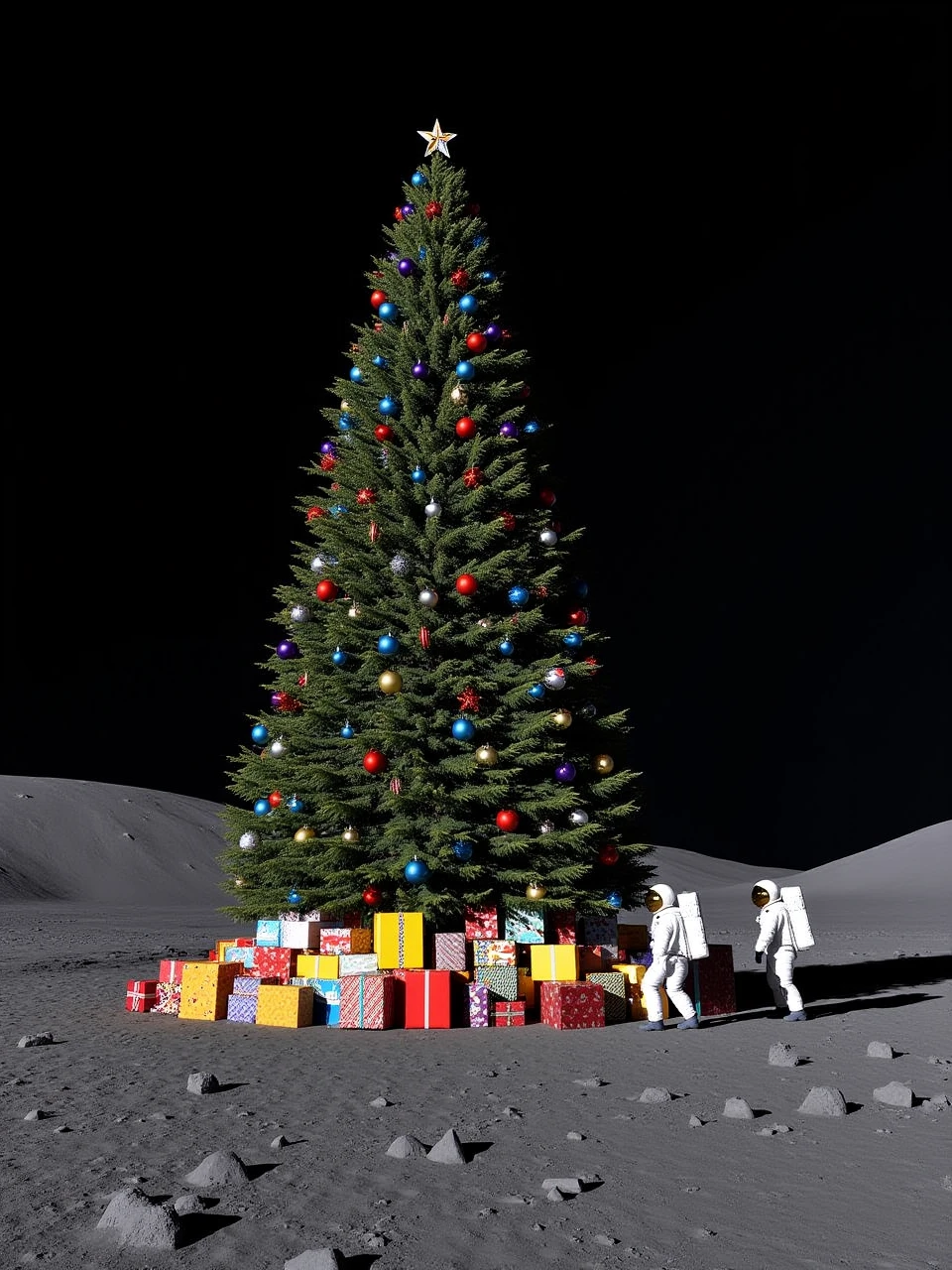 This is a photo taken on the surface of the moon of a tall Christmas tree covered with colorful lights and various Christmas decorations, a pile of colorful gift boxes under the tree, and the tree in a barren patch of lunar soil and meteorites next to astronauts and astronaut-driven lunar rovers.
coh24,Christmas tree.