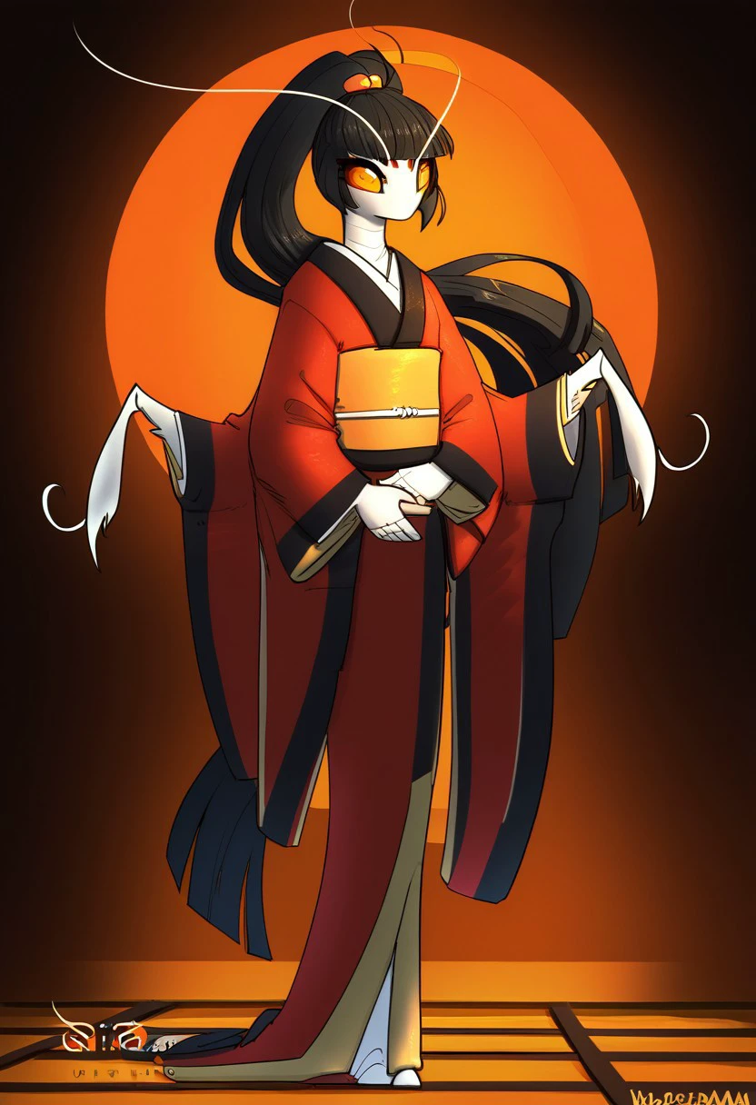 blade under mask,nae mantis,manits girl,1girl,long hair,kimono,japanese clothes very long hair,solo,black hair,ponytail,wide sleeves,looking at viewer bangs,red kimono,standing,orange eyes,holding,sash,long sleeves,blunt bangs,high ponytail,obi, feretta style