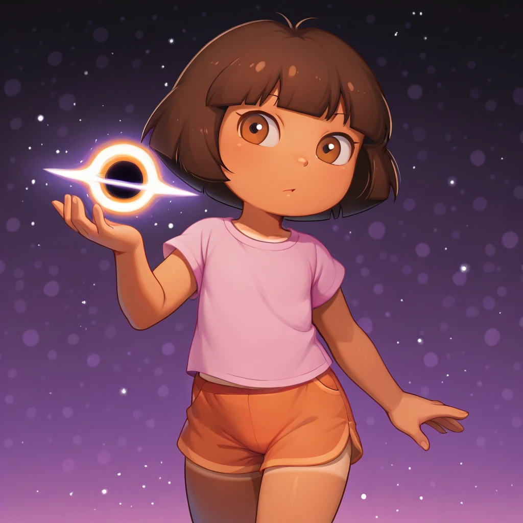 masterpiece, best quality, 1girl, solo, Dora, short hair, brown hair, brown eyes, tan, pink shirt, orange shorts, cowboy shot, <lora:DoraTheExplorer_illustrious_Leaf3:0.8>, HoldingBlackHole,  <lora:HoldingBlackHole_illustrious_Leaf1:1>, light particles, purple theme, polka dot background, hand up,