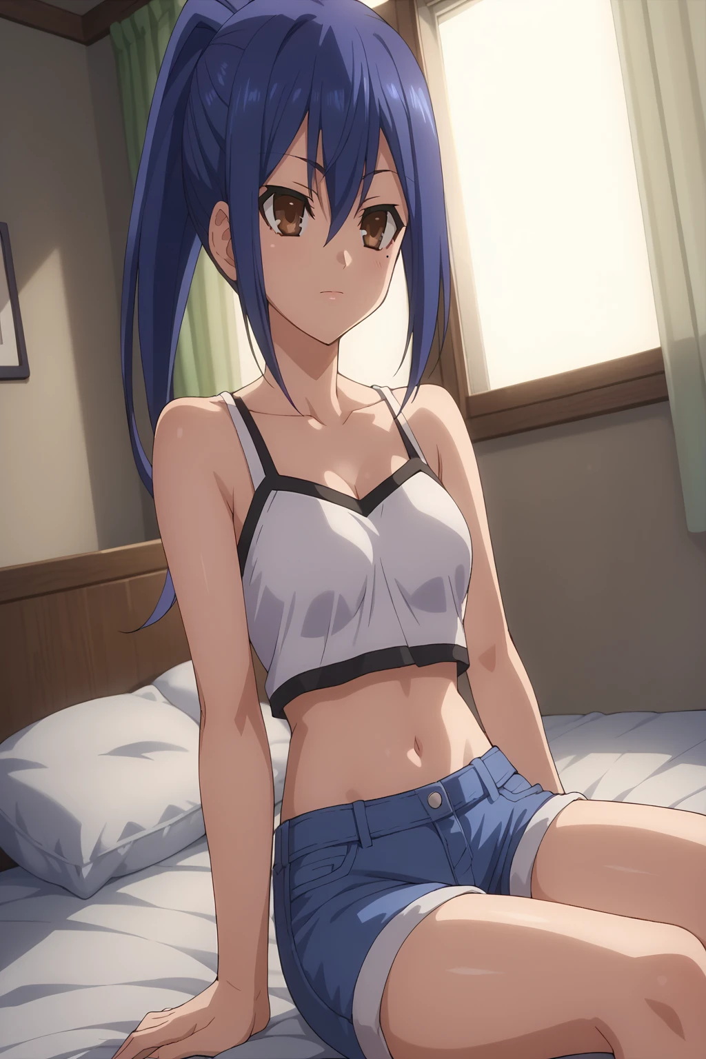 score_9, score_8_up, score_7_up, source anime, prefect lighting, very aesthetic, BREAK, anime screencap, anime coloring, mana, 1girl, solo, brown eyes, mole under eye, blue hair, long hair, midriff, shorts, anime eyes, detailed reflections, indoors, bedroom, sitting on bed, front view, dutch angle