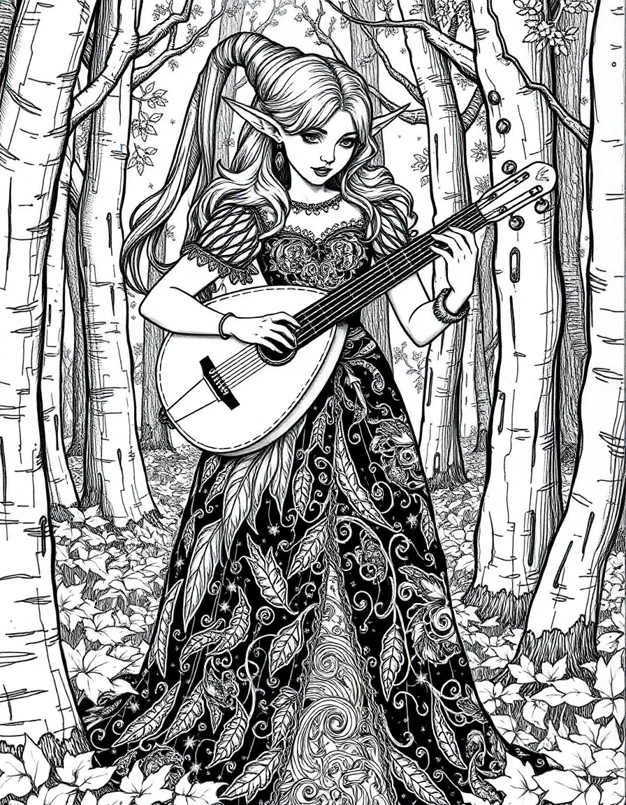 DarkDisciple, This is a detailed, black and white line drawing of an voluptuous elf playing a lute in a forest. The elf is wearing a nature themed dress. The dress is intricately detailed with fine swirling patterns, giving it a medieval, fantasy appearance.