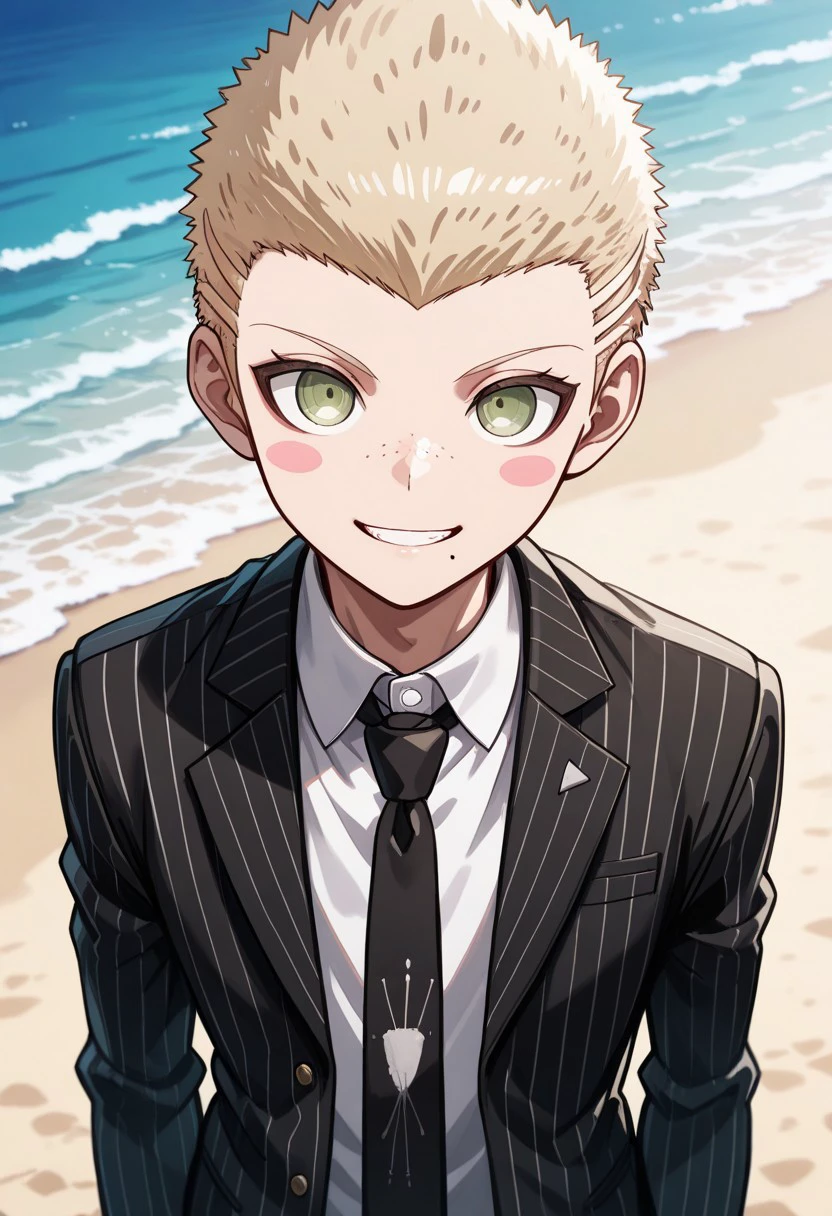 masterpiece, best quality, 
Fuyuhiko, 1boy, male focus, solo, green eyes, blonde hair, very short hair, blush stickers, freckles, mole, mole under mouth, formal, shirt, white shirt, collared shirt, necktie, black necktie, jacket, black jacket, open jacket, open clothes, striped jacket, stripes, vertical stripes, smile, teeth,
outdoor, beach,