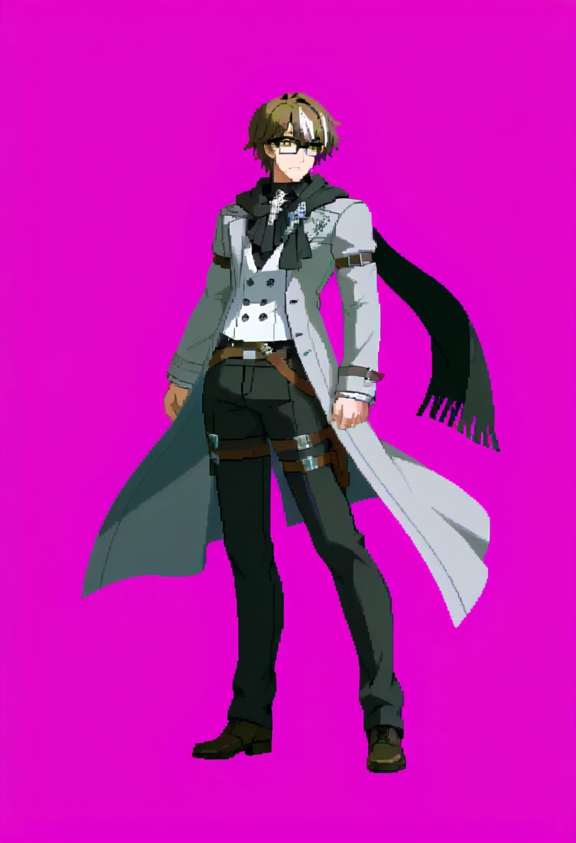 masterpiece, best quality 1boy, male focus, brown hair, white streak, short hair,  yellow eyes, streaked hair, white hair, black-framed eyewear, black undershirt, white vest, belts, grey coat, vest under clothes, black scarf, black pants,  brooch, aged up,  (mature male:0.3),  thigh belt, arm belt,  <lora:Welt Yang-initium-ilxl:1> <lora:Dengeki_Bunko-illus_Fp:1> full body, pixel art, simple background